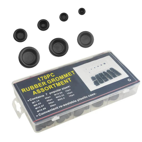 170 Piece Rubber Grommet Kit Dope Round Firewall Plugs For Auto Body And Sheet Metal with black grommets and clear case
