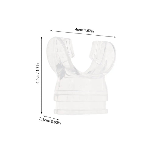Kid Friendly Silicone Snorkel Mouthpiece Replacement, transparent comfort fit, safe food grade material with size dimensions displayed.