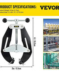 Front view of VEVOR pipe clamp, 2 to 6 in, steel construction with quick-acting screws, black body.