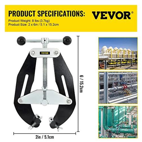 Front view of VEVOR pipe clamp, 2 to 6 in, steel construction with quick-acting screws, black body.
