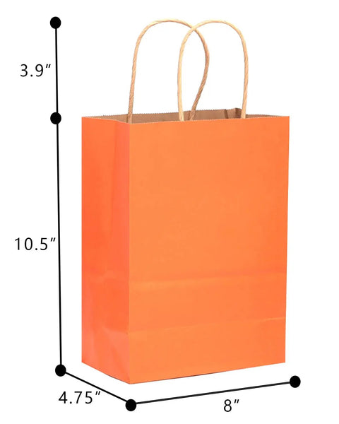 32 Pack Medium Gift Bags With Handles 7.6 X 4.75 X 10.5 Inch Assorted Color Paper Bags For Cookies Pastries Desserts Party Treats Bulk Stock Up Eco Friendly Thick Paper, orange bag with dimensions shown