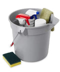 Heavy Duty 14 Quart Gray Round Pail For Pro Cleaning With Printed Measurement Lines And Solid Grip Bail holding cleaning supplies.
