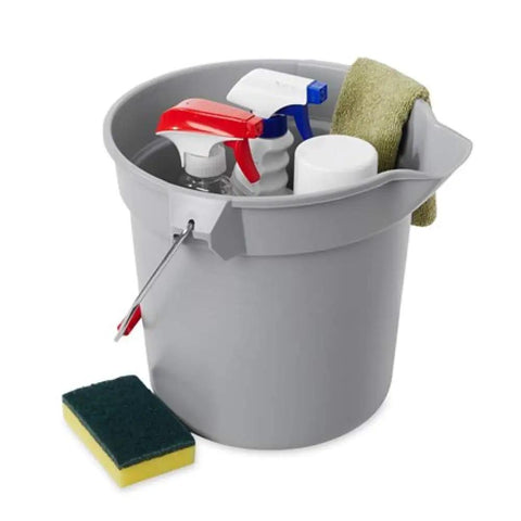 Heavy Duty 14 Quart Gray Round Pail For Pro Cleaning With Printed Measurement Lines And Solid Grip Bail holding cleaning supplies.