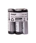 Three-pack of alkaline-manganese batteries with label showing brand, voltage, and expiration date