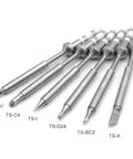 7 Piece Mini Stainless Steel Soldering Iron Tip Set for TS100 TS101 and Various Models shown in different shapes and sizes.