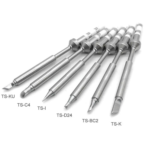7 Piece Mini Stainless Steel Soldering Iron Tip Set for TS100 TS101 and Various Models shown in different shapes and sizes.
