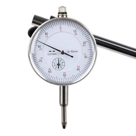 Dial indicator gauge with magnetic base; silver metal body, white dial, 0–10 mm range