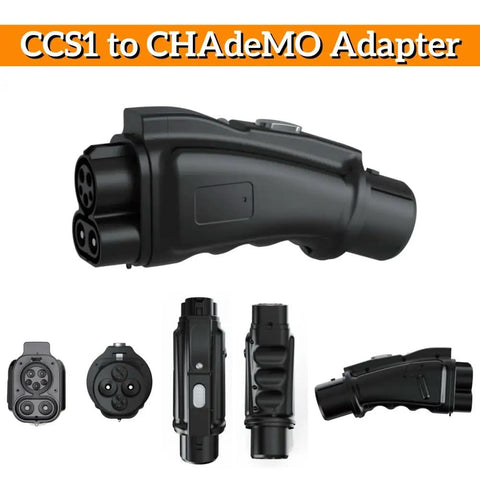 Road Ready CCS To CHAdeMO EV Fast Charging Adapter DC 1000V 250A in black, showing various angles and features of the connector.