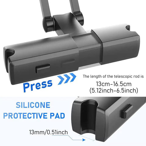 Tesla Cybertruck Car Headrest Holder Rear Seat Entertainment Mount showing adjustable telescopic arm and silicone protective pad.