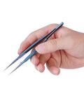 Hand holding Titanium Alloy Precision Tweezers for Microsoldering and Phone Board Repair, Anti Corrosive Anti Magnetic, 0.15mm Tip, Great for Fingerprint Line, Wire Welding, and Delicate Motherboard Work, Pointed Toe, Compact 2.1 Inch Length.