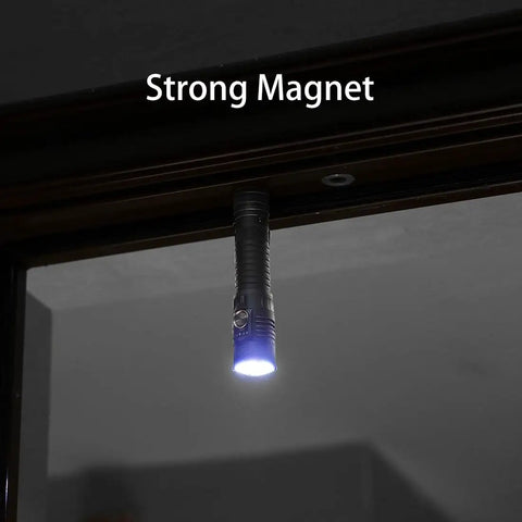 Four Thousand Lumen EDC Rechargeable Flashlight With Magnetic Base And Battery Indicator For Hands Free Work hanging upside down.