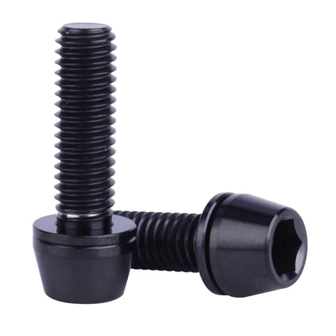 Two black Titanium Allen Hex Tapered Head Bolts M6 X 16mm Grade 5 Alloy Fasteners for light duty applications.