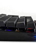 Slick 108 Key Mechanical Gaming Keyboard With Crisp Blue Switches side view showing RGB lights and smooth USB wired setup.