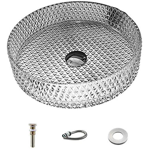 Bathroom Vessel Sink - Tempered s Wash Basin for Bar & Cloakroom, Countertop Vani Sink with Accessories, White Design for Home Decor, clear textured finish.