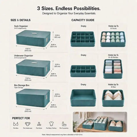 Premium Bra Storage Box With Lid size details sheet, dimensions and capacity guide for organizing bras.