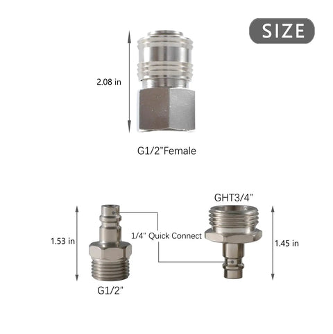 RV Exterior Quick Connect Hose Fitting With One Half Inch Shower Hose Adapter And Three Quarter Inch Garden Hose Adapter dimensions