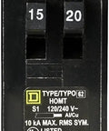 Homeline 15 Amp And 20 Amp Tandem Circuit Breaker For Home Wiring, 120 And 240 Volts AC, 10kA Breaking Capacity, front view