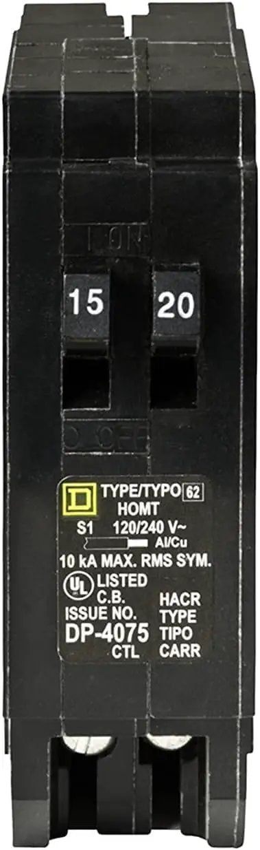 Homeline 15 Amp And 20 Amp Tandem Circuit Breaker For Home Wiring, 120 And 240 Volts AC, 10kA Breaking Capacity, front view