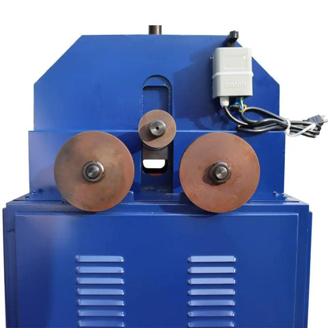 Heavy Duty Electric Pipe Bender With 17 Dies For Stainless Steel Iron And Round Square Tubes Up To Nearly Three Inches front view showing bending rollers.
