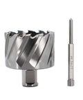 Front view of a 2-1/4 in annular cutter with a 3/4 in Weldon shank and a matching pilot-pin mag-drill bit.