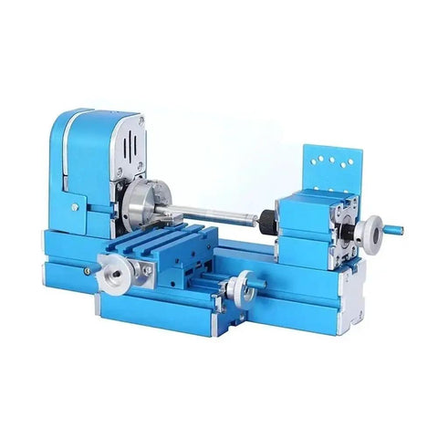 High Speed Mini Metal Micro Lathe Machine For Precision Turning Projects 12V Desktop Milling Tool W10003 Model in blue color.