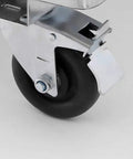 Kickass Heavy Duty Two Door Reach In Commercial Freezer wheel detail showing sturdy black rubber wheel and metal bracket.