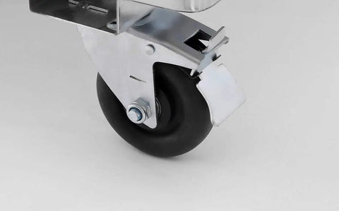 Kickass Heavy Duty Two Door Reach In Commercial Freezer wheel detail showing sturdy black rubber wheel and metal bracket.