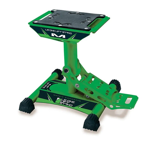Green Dirt Bike Lift Stand For Off Road Rides, Lightweight Yet Beefy Carbon Steel, Ultra Stable Center Post, Universal Fit