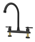 Road Trip Ready Eight Inch Metal RV Kitchen Sink Faucet Featuring Two Handle Design, matte black, two handle swivel model.