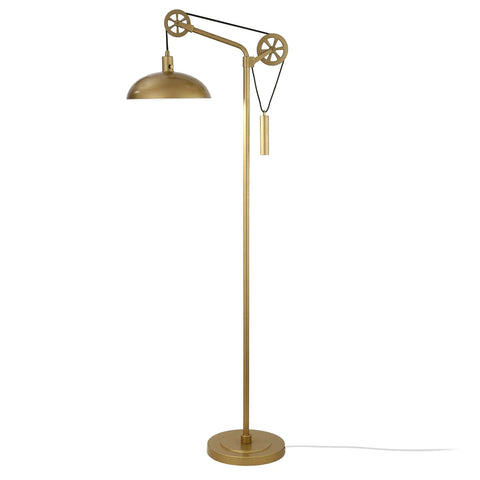 Dope Spoke Wheel Pulley Floor Lamp With Brass Metal Shade, Industrial Style Lighting, Rotary Socket, E26 Base, 8 Foot Cord