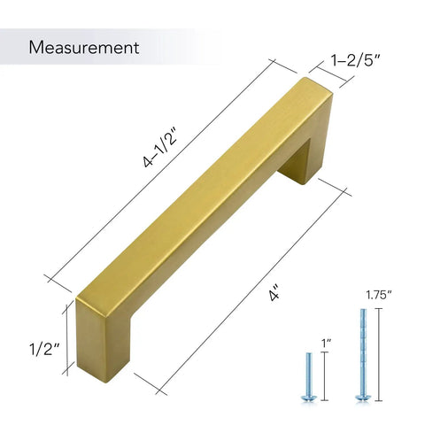 Detailed measurements of 25 Pack 4 Inch Gold Cabinet Pulls Brushed Brass Square Hardware For Kitchen Cabinets And Drawers 102mm Center To Center Hole Center Easy Install With Two Screw Sizes To Make Your Cabinets Look Fly, showing pull and screws.