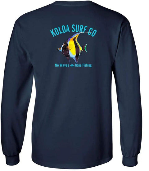 Back view of Mens Outrigger Canoe Logo Heavy Cotton T Shirt Tall XL in purple featuring fish logo and text, long sleeve design.
