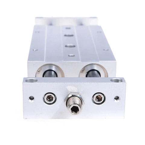 Straight Up Double Acting Pneumatic Cylinder With Dual Piston Rods And Slide Tab Mount For Precision Air Actuation In Bore Sizes From 10 To 25 Millimeters And Stroke Lengths Ranging Up To 125 Millimeters For Drop Dead Reliability On Any Job Site, front view showcasing dual rods.