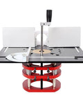 Rock Solid CNC Aluminum Router Table Lift System Featuring Smooth Anodized Finish And Two Inch Stroke Giving Dead On Millimeter Micro Adjustment For Serious Woodworking Tasks, top view with crank and precision settings.