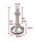 Straighten Right Up With These Heavy Duty Leveling Feet Featuring Thick Grip Rubber Pads For Wobbly Workbenches Machinery And Furniture Adjustable Support Legs M16 Thread 100mm close up showing dimensions of stainless steel leveling foot.