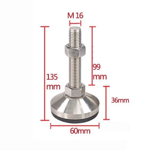 Straighten Right Up With These Heavy Duty Leveling Feet Featuring Thick Grip Rubber Pads For Wobbly Workbenches Machinery And Furniture Adjustable Support Legs M16 Thread 100mm close up showing dimensions of stainless steel leveling foot.