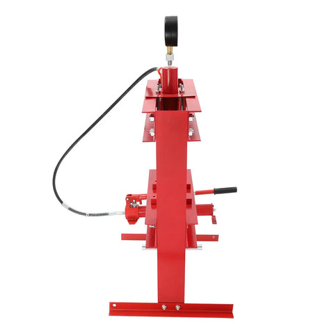 10 Ton Hydraulic Shop Press For Your Garage Or Small Shop H Frame Benchtop Press with hydraulic cylinder and red steel frame side view