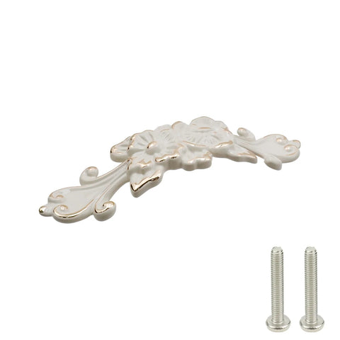 Ivory Decorative Cabinet Pull Handles Set Of 2 Zinc Alloy Flower Drawer Pulls for cabinets, dressers; size 4.84 x 1.18 x 0.9 inches