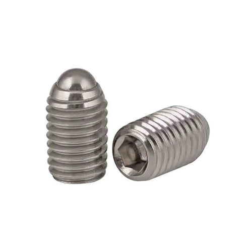 Top Shelf Heavy Duty 304 Stainless Steel Spring Ball Plungers Hex Socket Allen Grub Set Screws M16 By 25 Millimeter two pack close up.