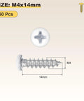 Premium Grade Rock Solid Heavy Duty Phillips Pan Head Self Tapping Screws 50 Pack M4 X 14mm Zinc Coated Carbon Steel for Metal Wood Fasteners shown from above with dimensions.