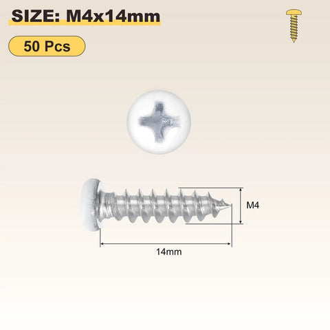 Premium Grade Rock Solid Heavy Duty Phillips Pan Head Self Tapping Screws 50 Pack M4 X 14mm Zinc Coated Carbon Steel for Metal Wood Fasteners shown from above with dimensions.