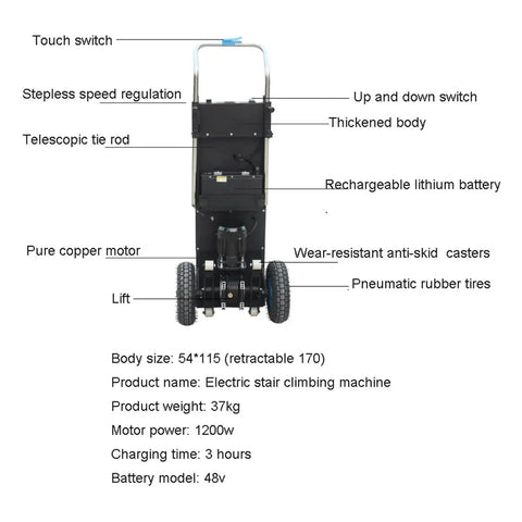 Heavy Duty Electric Stair Climbing Trolley With 1200W Motor showing features like touch switch, telescopic tie rod and rechargeable battery.