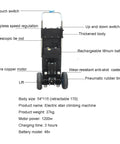 Electric stair climbing cart with 1200w motor, rechargeable battery, anti-skid casters, and pneumatic tires.