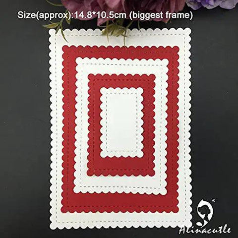 24 Piece Nesting Frame Die Cut Set With Scalloped Borders for card making and paper crafting, red and white rectangle shapes on display