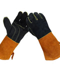 Heavy Duty Leather Welding Gloves With Extra Long Gauntlets For Extreme Heat Protection And Fireproof Work Safety In Your Shop, displaying premium cowhide material.