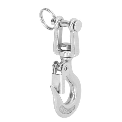 Heavy Duty Lifting Clevis Chain Hook Set, 304 Stainless Steel 360 Rotating Safety Latch, Built Tough Rigging Accessory For Cranes And Industrial Hoists, Zero Sweat Heavy Loads close-up of swivel hook with spring-loaded latch.