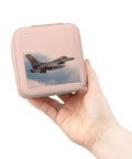 Hand holding Pink F16 Jet Jewelry Travel Case With Soft Plush Interior, Ultra Compact 4 By 4 By 2 Inches, cushioned organizer