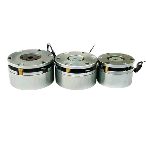Three silver electromagnetic holding brakes with mounting plates and wiring for servo motors.