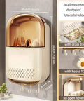 Wall Mount Utensil Holder With Lid and Drainage No Drill Easy Install Strong Load Bearing Storage Box Transparent Dustproof Cover Beige Organizer For Kitchen And Bathroom, side view