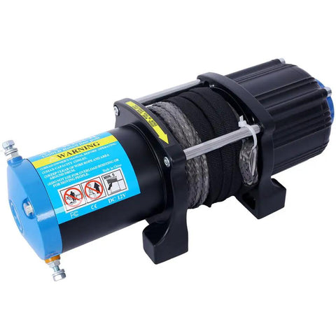 Heavy Duty 3500 Lb 12V Electric Winch With Synthetic Rope And Dual Remote Controls For ATV UTV Boat Trailer Off Road Recovery Jobs That Hit Hard, showing motor and synthetic rope.